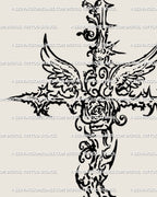 Decorative cybersigilism cross digital tattoo stencil with gothic angel wings, fine-line baroque floral details.