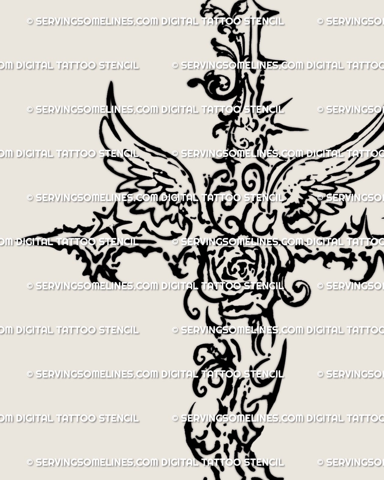 Decorative cybersigilism cross digital tattoo stencil with gothic angel wings, fine-line baroque floral details.