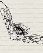 Main design view of a decorative eye waist tattoo stencil, with a centered eye and balanced side framing.