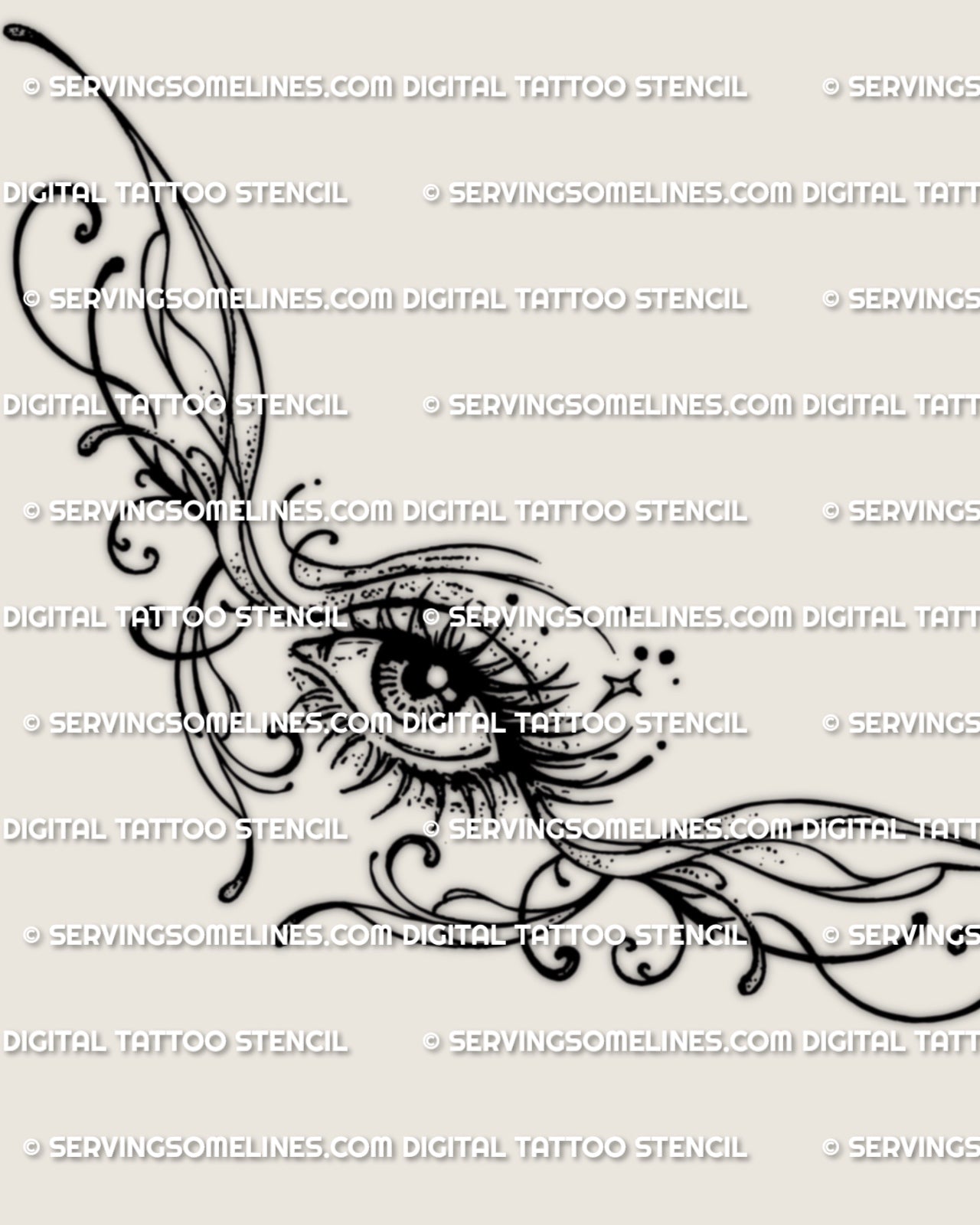 Main design view of a decorative eye waist tattoo stencil, with a centered eye and balanced side framing.