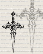 Ornamental dagger tattoo stencil with decorative filigree handle, clean straight blade, PNG JPEG PDF instant download