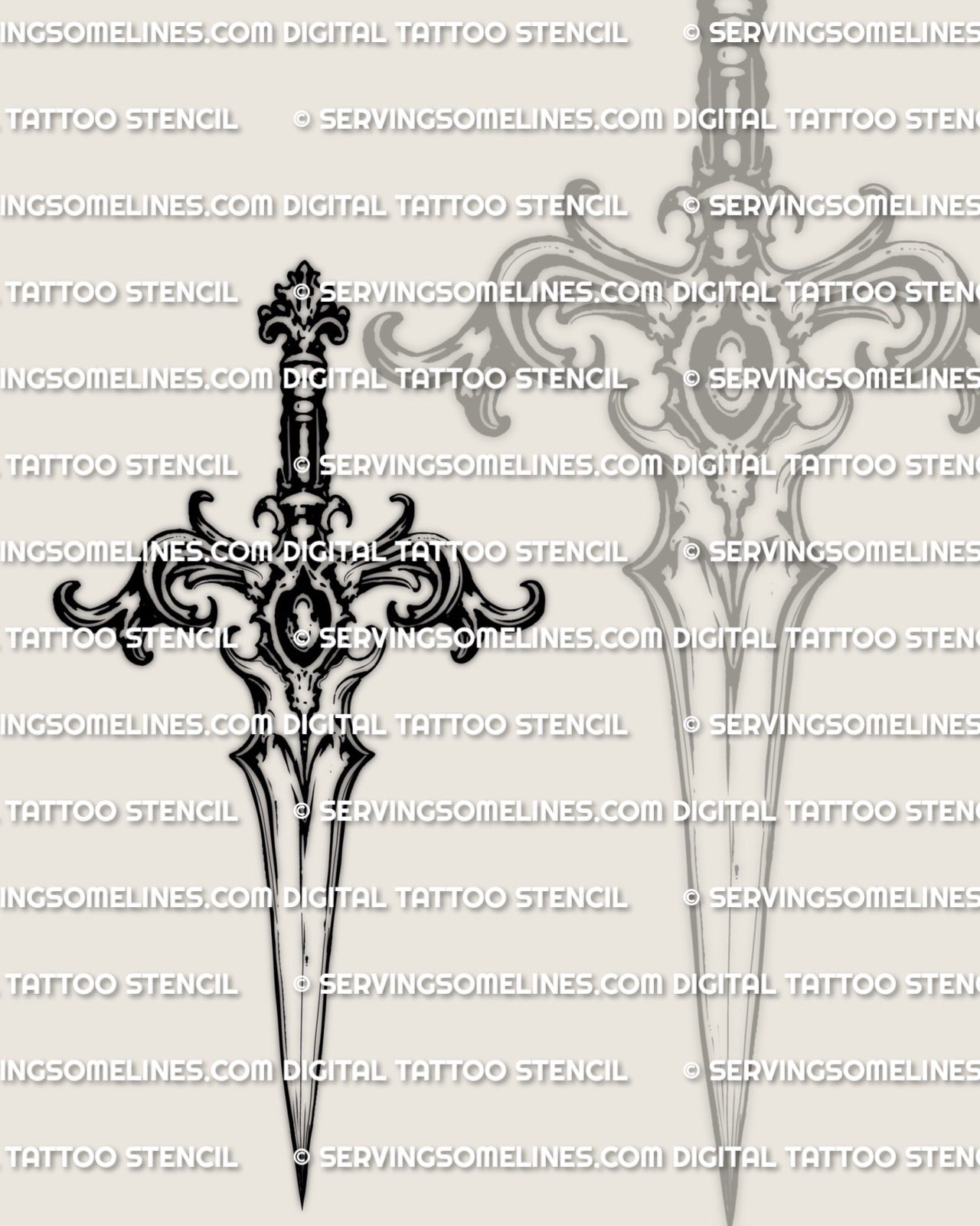 Ornamental dagger tattoo stencil with decorative filigree handle, clean straight blade, PNG JPEG PDF instant download