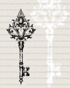 Decorative key tattoo stencil with fleur de lis top, elegant antique key design, fine line shading, and vertical placement friendly shape.