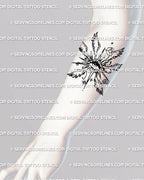 delicate angel eye with open wings tattoo stencil placed on forearm to show a narrow vertical alignment option
