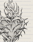 delicate gothic heart tattoo stencil, thorn heart linework detail in a soft fine line sacred heart style for underbust or sternum tattoo placement