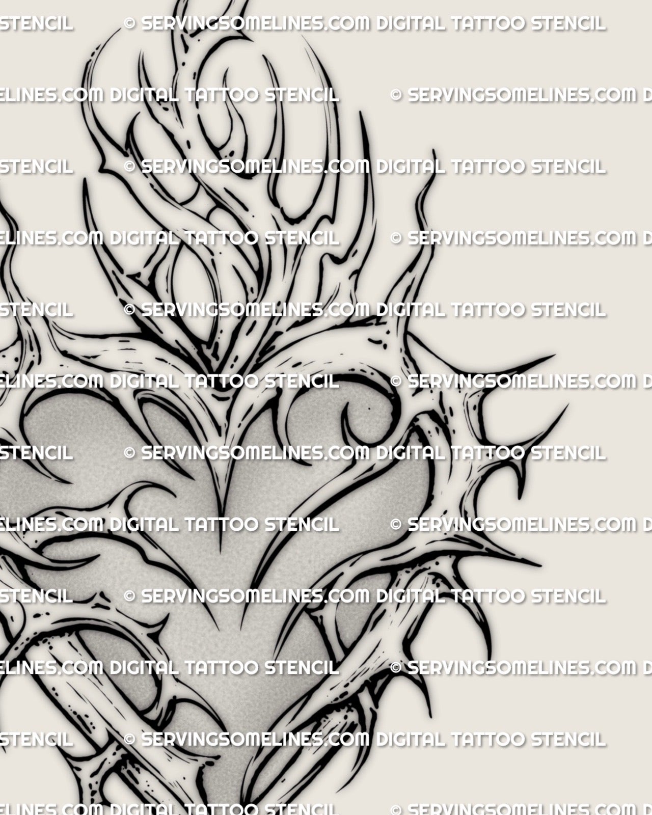 delicate gothic heart tattoo stencil, thorn heart linework detail in a soft fine line sacred heart style for underbust or sternum tattoo placement