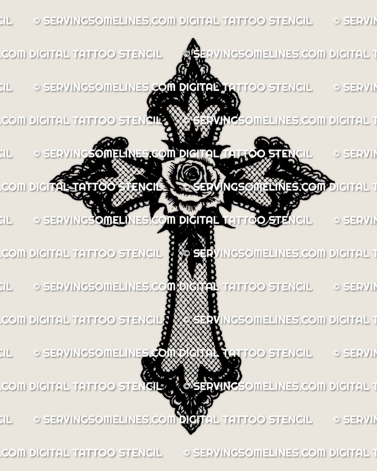 Delicate lace cross stencil file, ornamental lacework cross tattoo design in bold black outline, instant download