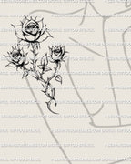 Gothic rose tattoo stencil shown on a woman’s arm, delicate thorned rose trio with soft shading for floral tattoo shoppers