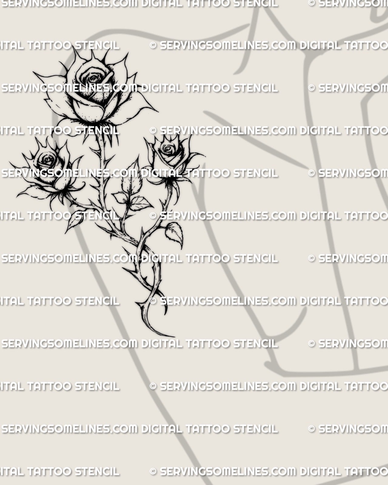 Gothic rose tattoo stencil shown on a woman’s arm, delicate thorned rose trio with soft shading for floral tattoo shoppers