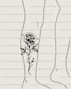 Fine line skull rose tattoo stencil shown on lower leg placement, delicate gothic floral linework available as a digital tattoo download