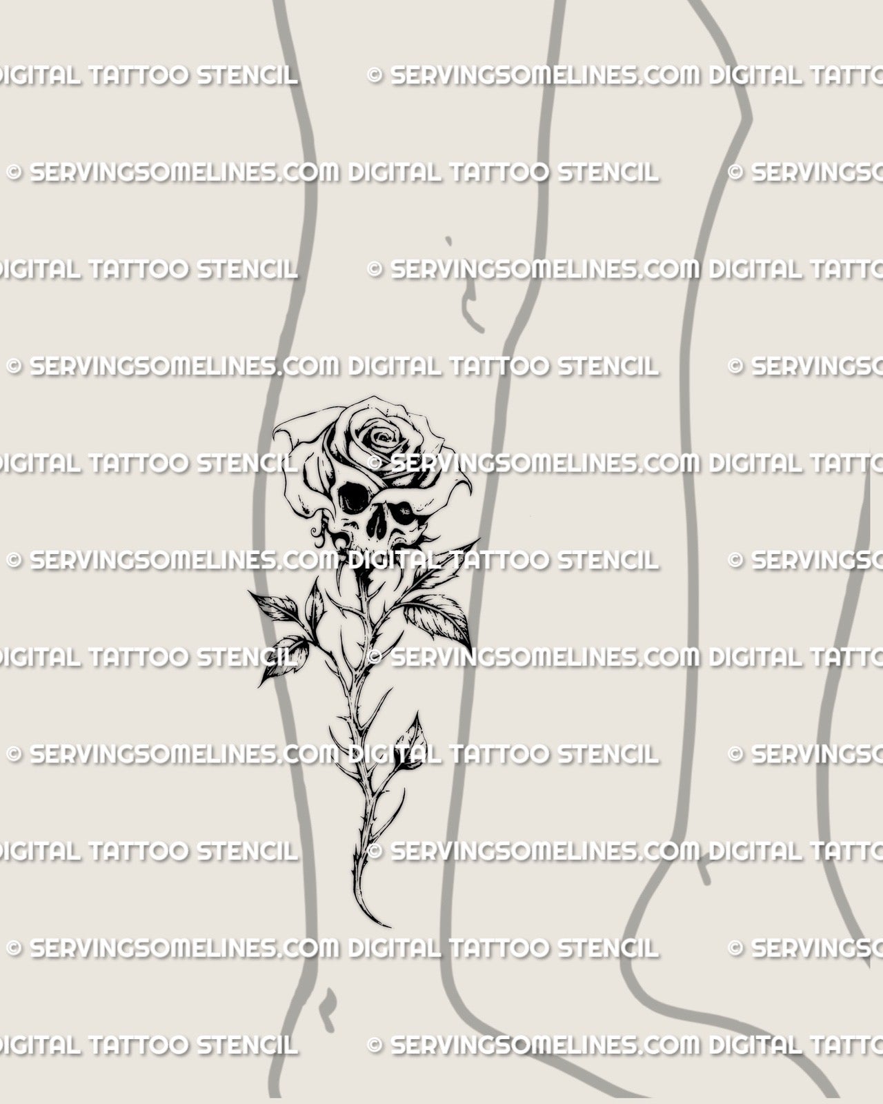 Fine line skull rose tattoo stencil shown on lower leg placement, delicate gothic floral linework available as a digital tattoo download