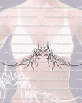 woman wearing a delicate underbust heart tattoo stencil shown across the lower chest with fine line ornamental curves shaped to follow natural contour