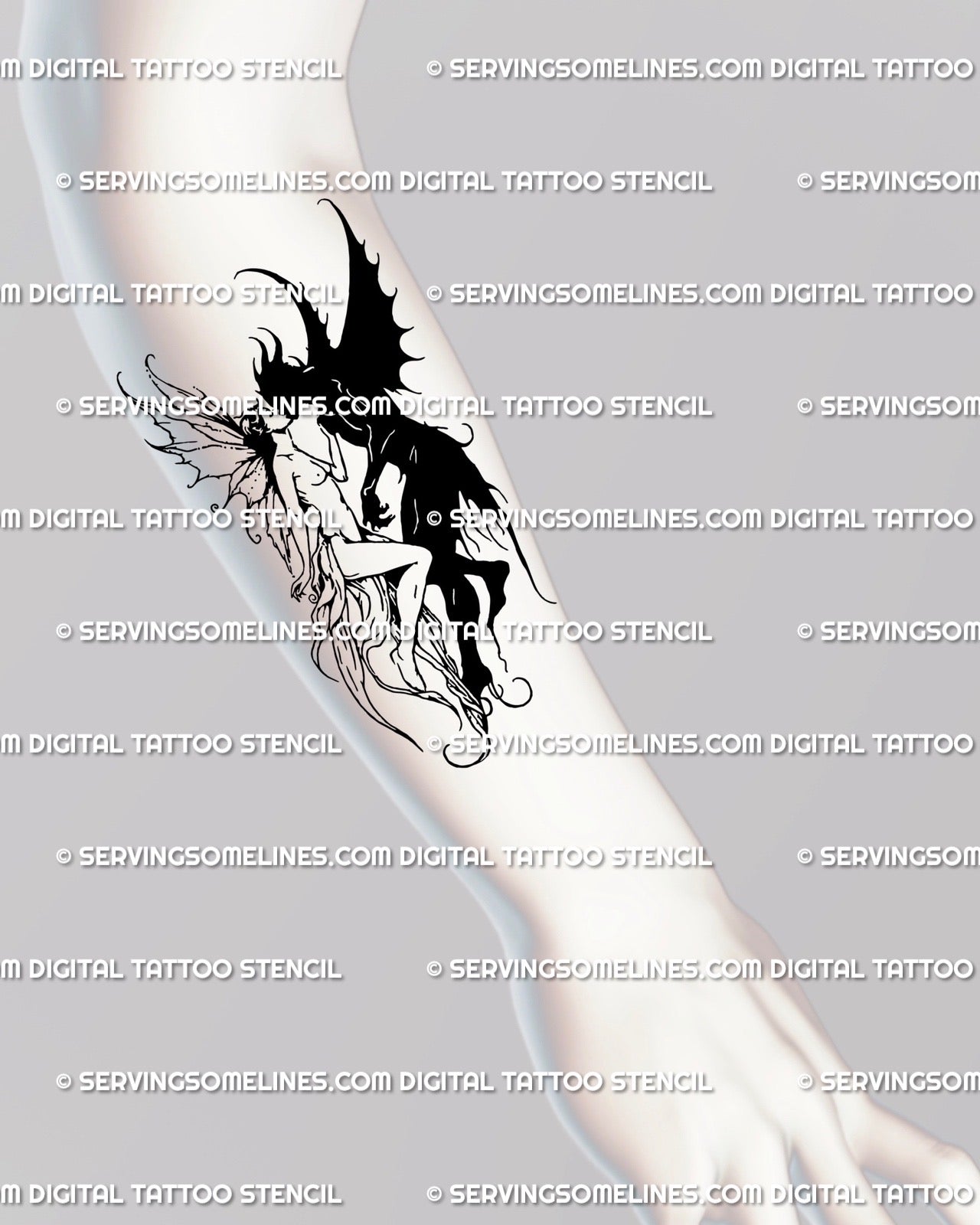 forearm tattoo of demon and fairy lovers in embrace, gothic blackwork stencil showing shadow and light symbolism, romantic design