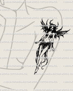 Demon fairy tattoo on women’s arm shown with horned fairy silhouette and bat wings, gothic dark fantasy stencil artwork display