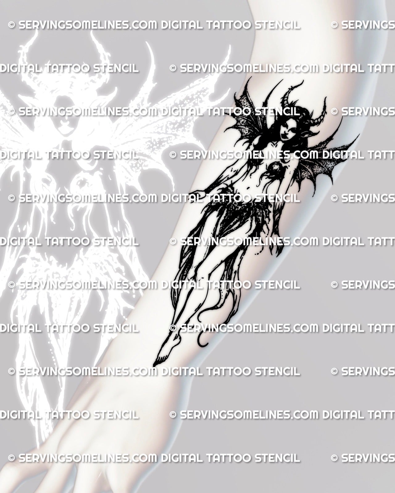 Horned demon fairy tattoo on forearm with bat-wing design and gothic fantasy details, dark creature stencil artwork applied on skin