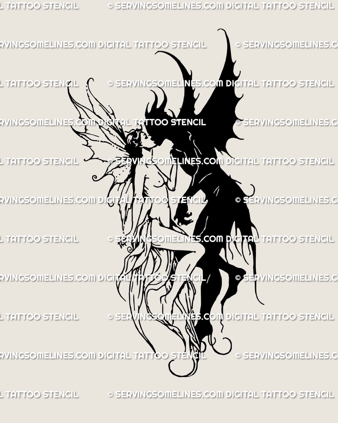 demon and fairy lovers tattoo stencil with gothic line art design showing devil kisses a girl symbolism, hand-drawn blackwork