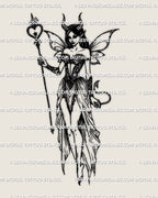 Demon fairy tattoo design showing horned wings, staff and dark fantasy details, high resolution digital stencil for occult and succubus inspired tattoos.