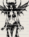Demon fairy tattoo stencil with horns and bat wings in dark fantasy style, gothic creature linework for digital tattoo design