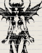 Demon fairy tattoo stencil with horns and bat wings in dark fantasy style, gothic creature linework for digital tattoo design