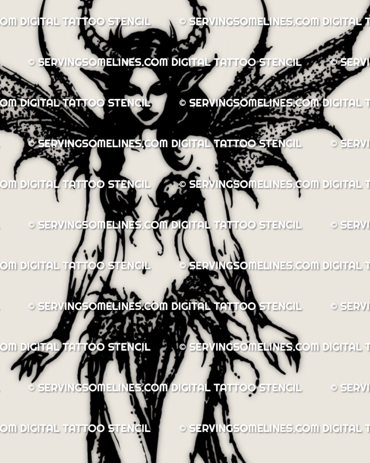Demon fairy tattoo stencil with horns and bat wings in dark fantasy style, gothic creature linework for digital tattoo design