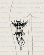 Demon fairy tattoo shown on women’s thigh with dragon-wing features and horned dark fantasy style, gothic creature stencil art example