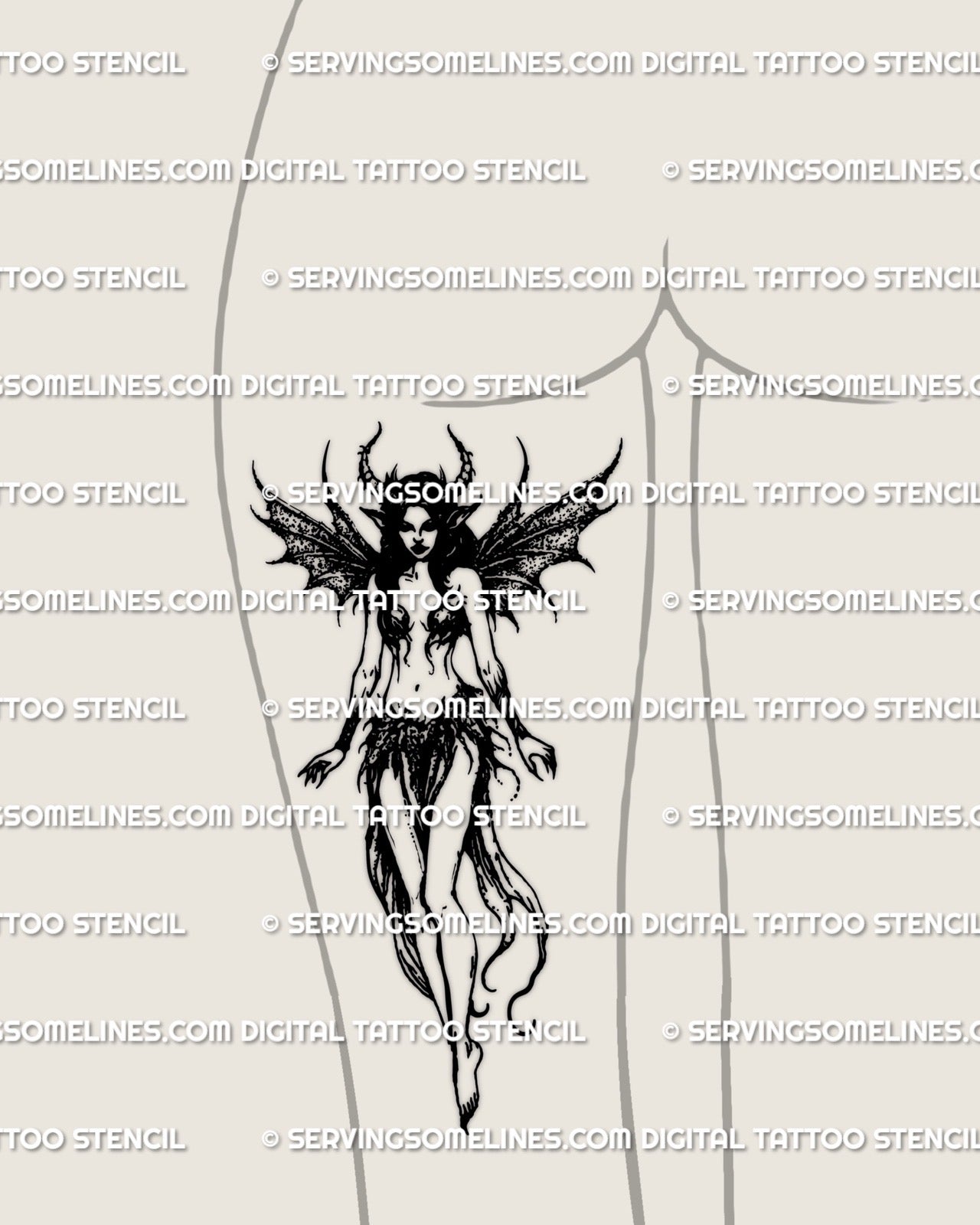 Demon fairy tattoo shown on women’s thigh with dragon-wing features and horned dark fantasy style, gothic creature stencil art example
