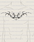demon heart and wing sigil tattoo stencil displayed on mens upper chest center creating a strong dark focal point across the torso