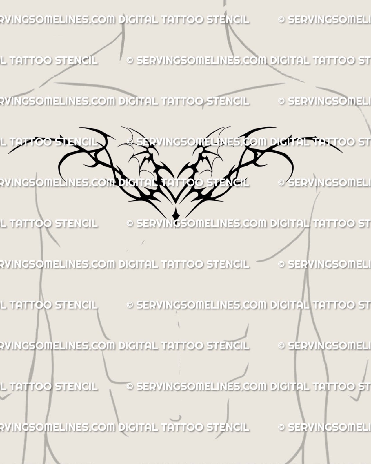 demon heart and wing sigil tattoo stencil displayed on mens upper chest center creating a strong dark focal point across the torso