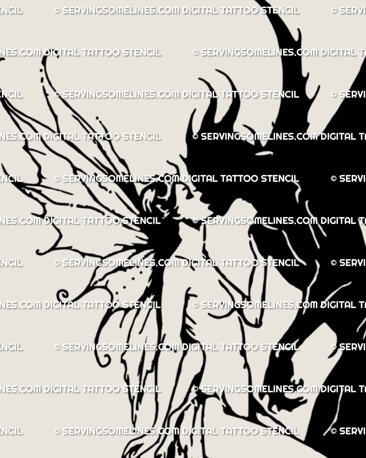 demon kissing fairy tattoo stencil digital design, symbolic lovers art for gothic tattoo collectors in blackwork line style