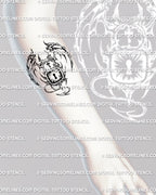 Demon padlock tattoo stencil shown on forearm placement, winged padlock emblem with horns and bold keyhole burst.