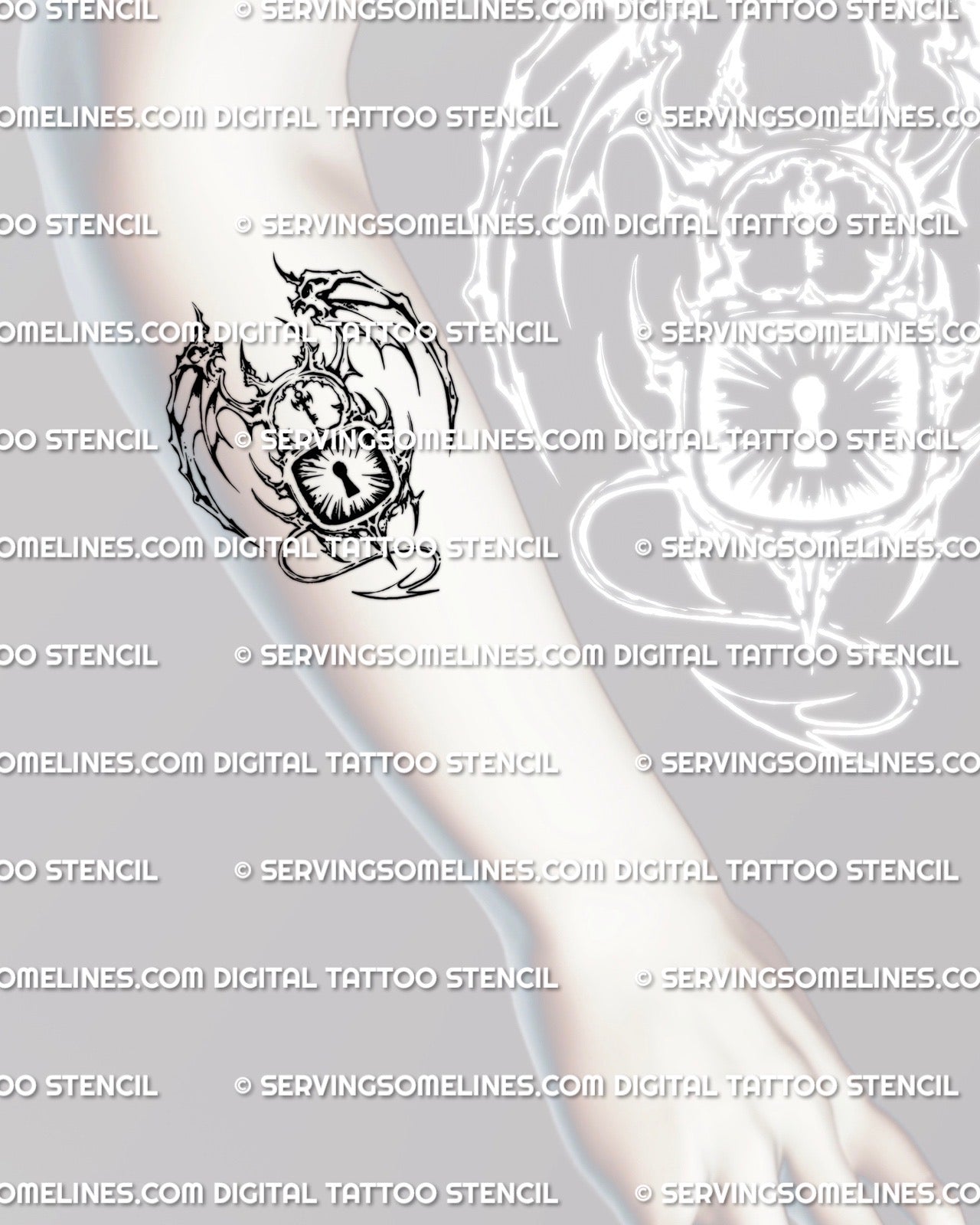 Demon padlock tattoo stencil shown on forearm placement, winged padlock emblem with horns and bold keyhole burst.