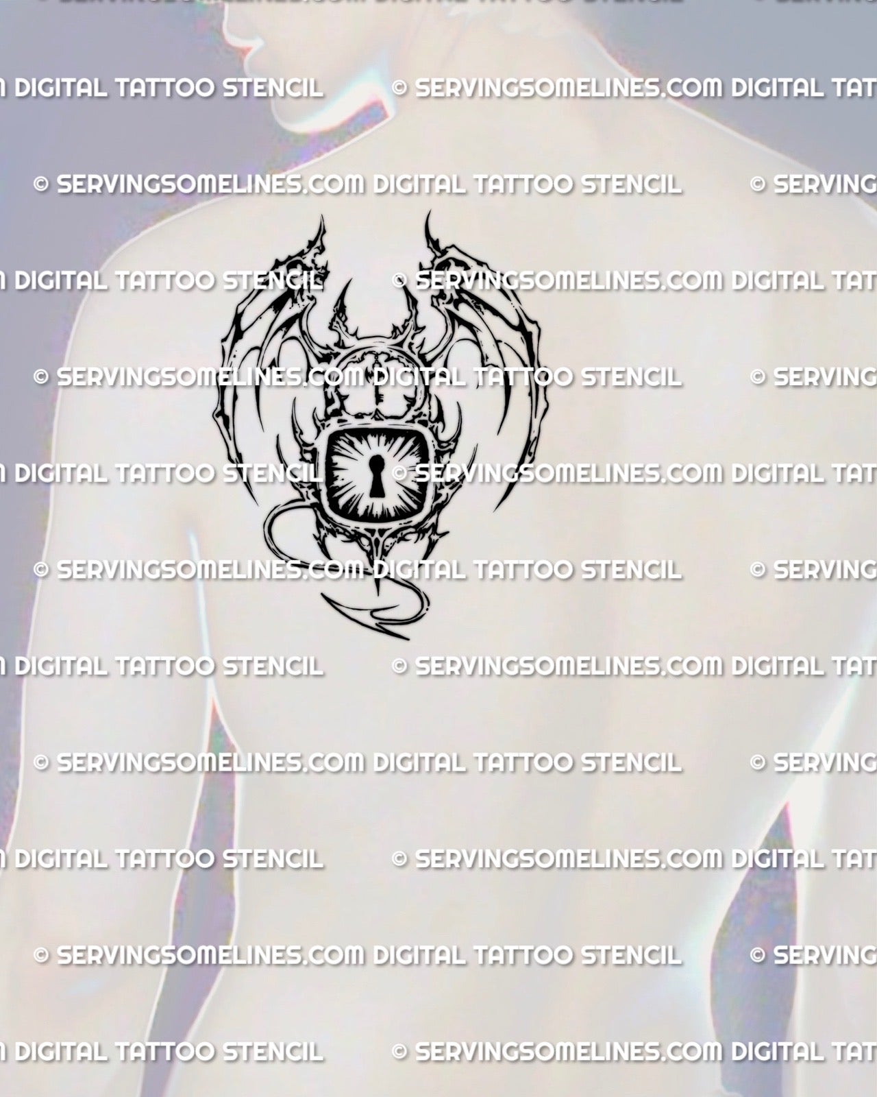 Demon padlock tattoo stencil shown on men’s back shoulder placement, skeletal wings, devil horns, keyhole burst detail.