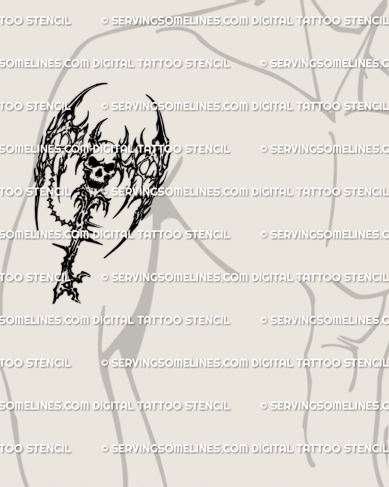 Demon skull winged key tattoo stencil displayed on upper arm placement, cyber tribal spikes, chain charm detail, high contrast linework.