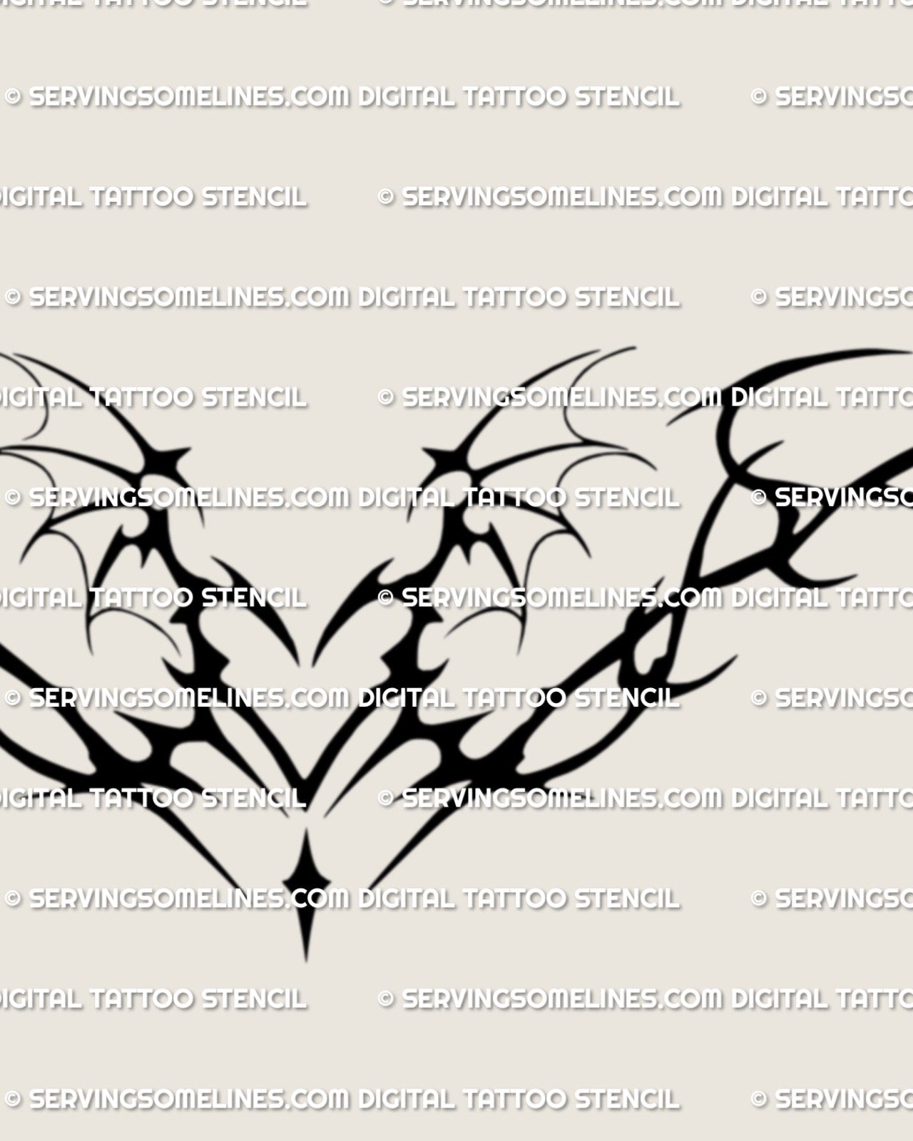 Close detail of the succubus heart stencil, showing sharp wing lines, pointed edges, and the central lower back motif.