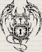 Demon wing padlock tattoo stencil, horned lock with keyhole burst, cyber tribal blackwork, design preview.