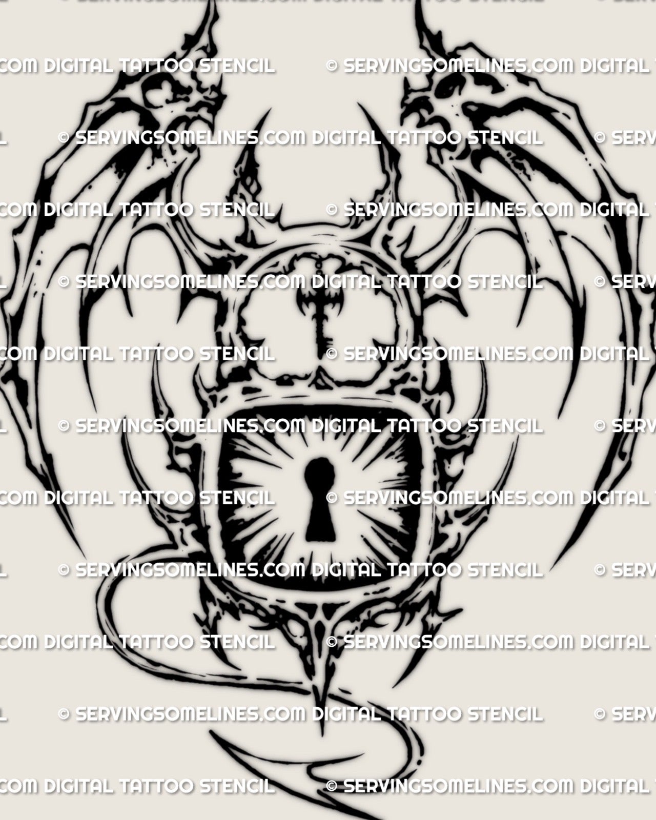 Demon wing padlock tattoo stencil, horned lock with keyhole burst, cyber tribal blackwork, design preview.