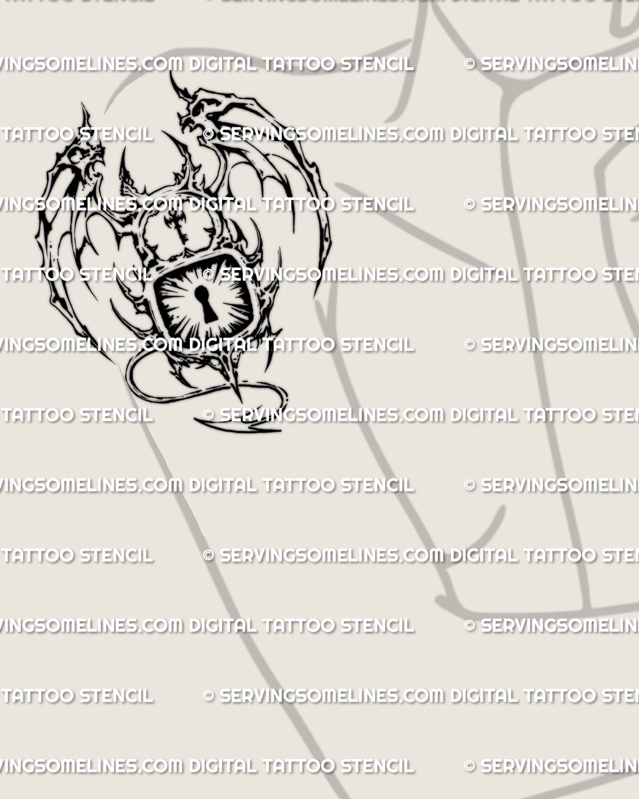 Demon wing padlock tattoo stencil shown on feminine shoulder arm placement, horned padlock, sharp blackwork edges.