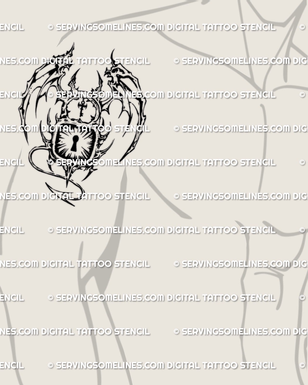 Demon wing padlock tattoo stencil shown on men’s upper arm placement, horned padlock, skeletal wings, keyhole center.