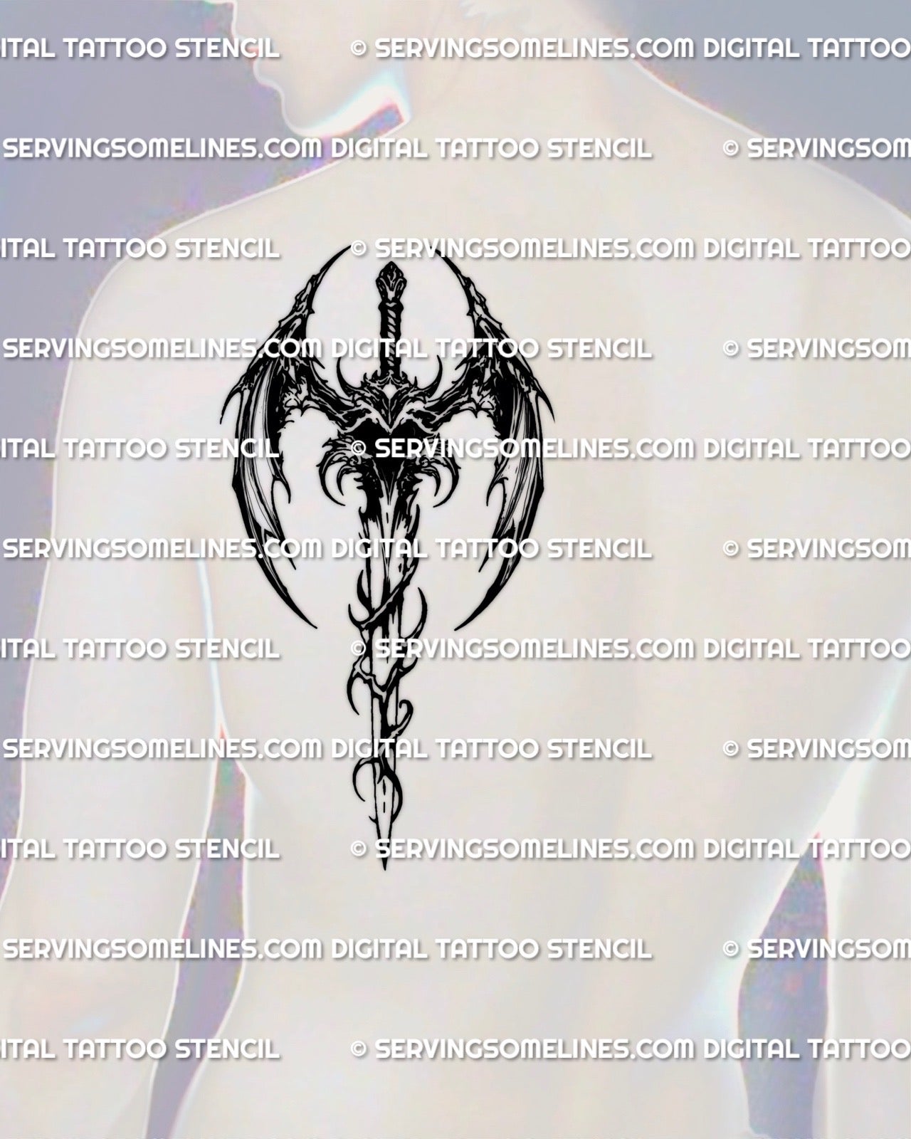 Demon wing sword tattoo on men’s upper back showing aggressive gothic weapon design with strong blackwork contrast
