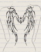 Women’s back mockup showing a demon wings back tattoo stencil with cyber tribal linework and long upper-back spread