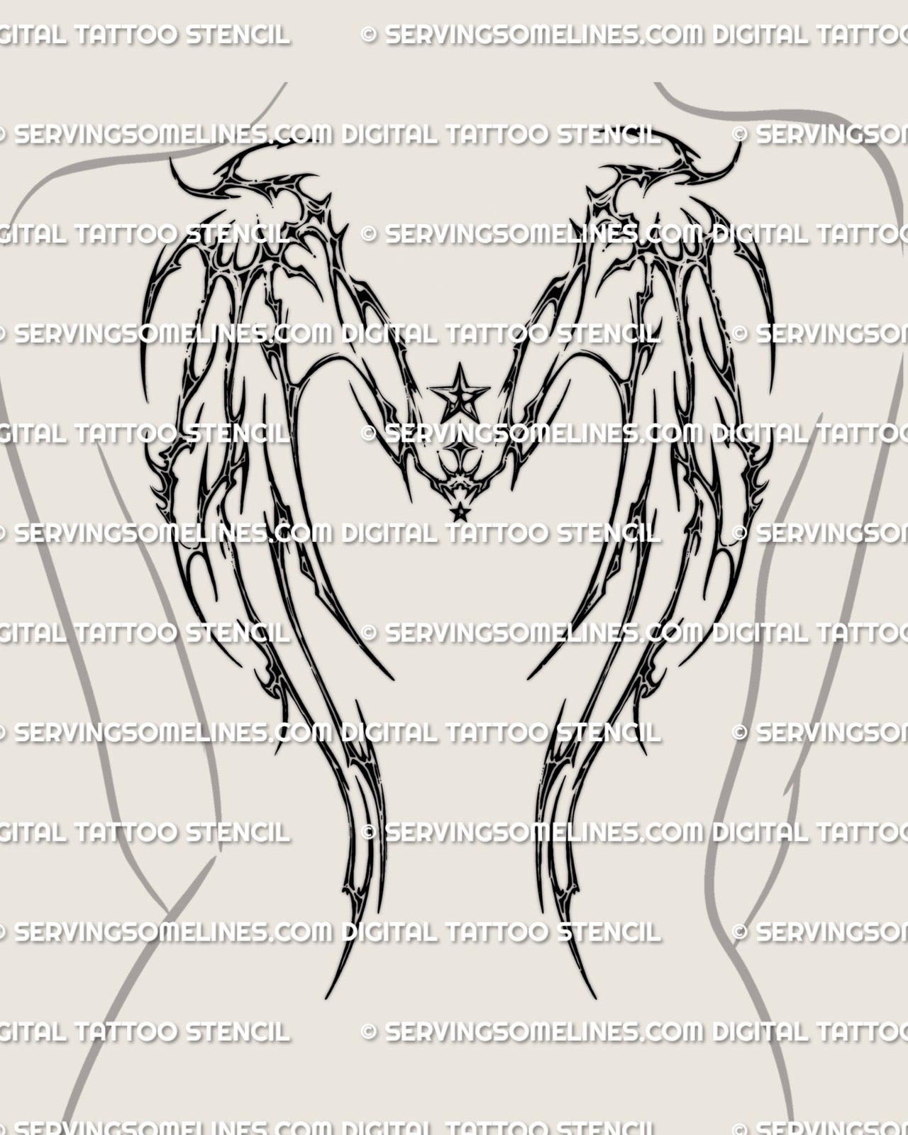 Women’s back mockup showing a demon wings back tattoo stencil with cyber tribal linework and long upper-back spread