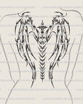 Women’s back placement showing a demon wings cross spine tattoo stencil with cyber tribal linework and a clear cross-centered spine flow