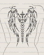 Women’s back placement showing a demon wings cross spine tattoo stencil with cyber tribal linework and a clear cross-centered spine flow