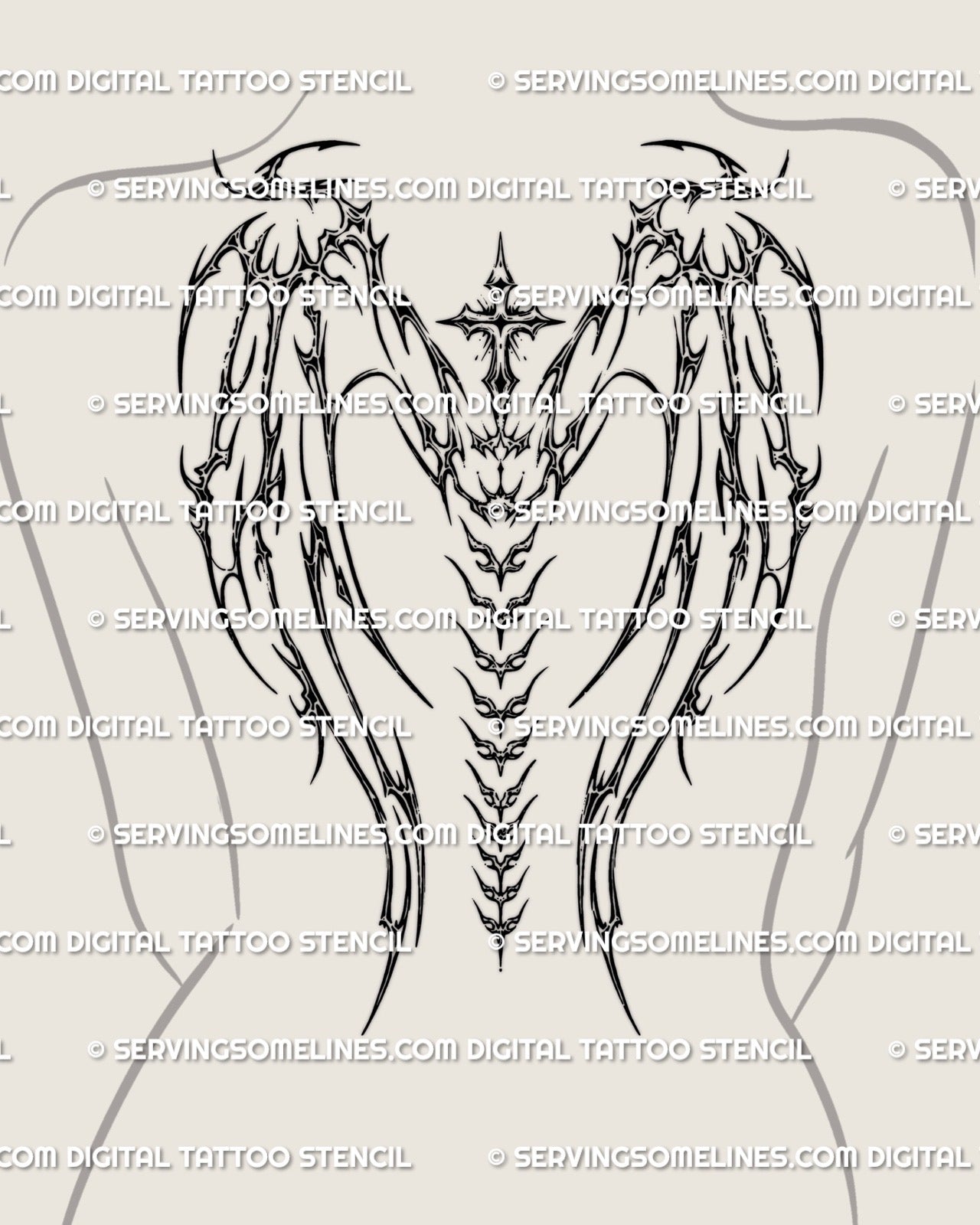 Women’s back placement showing a demon wings cross spine tattoo stencil with cyber tribal linework and a clear cross-centered spine flow