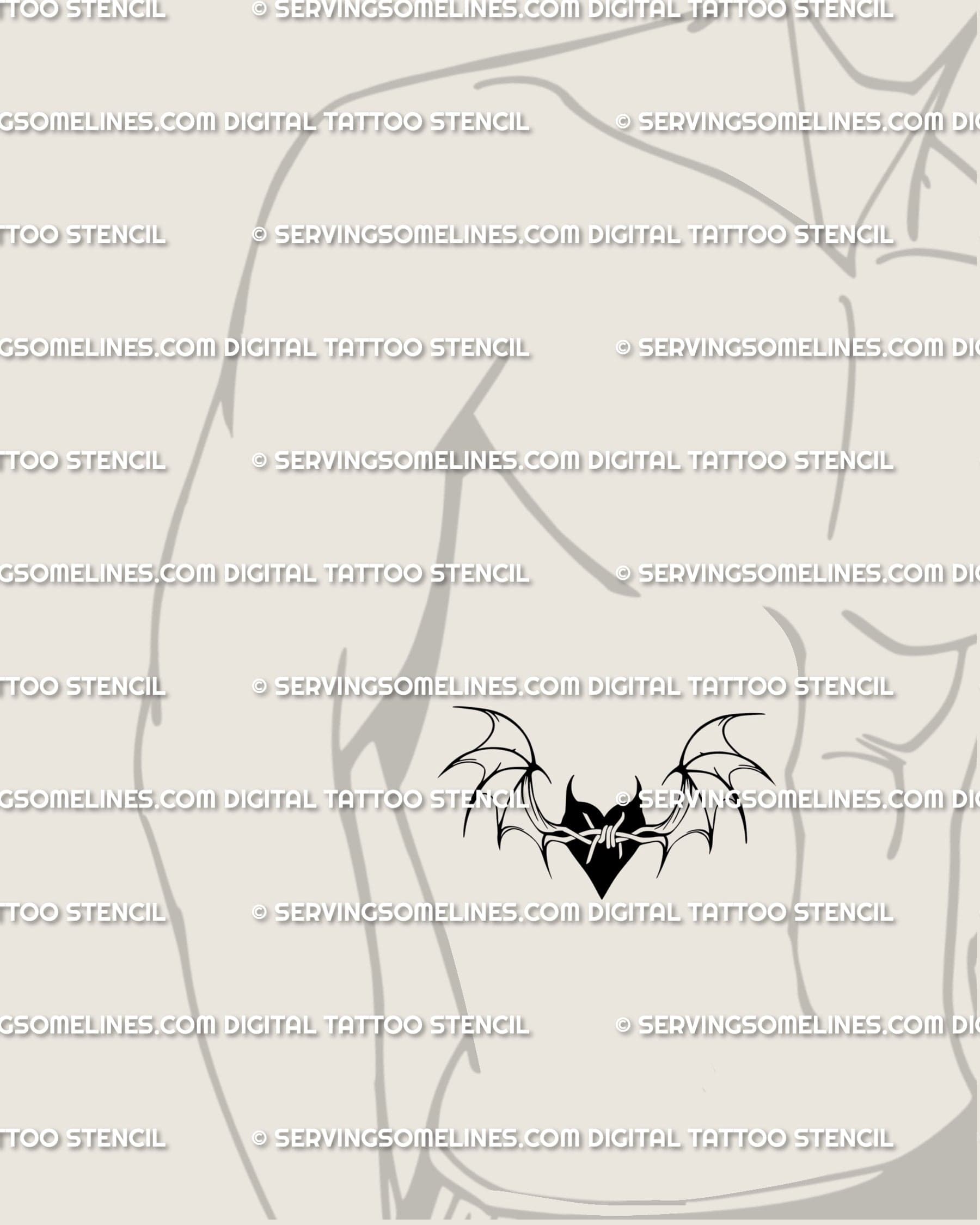 Demon wings heart tattoo design along the ribs, bold barbed wire gothic heart with wing symmetry in clean blackwork. 