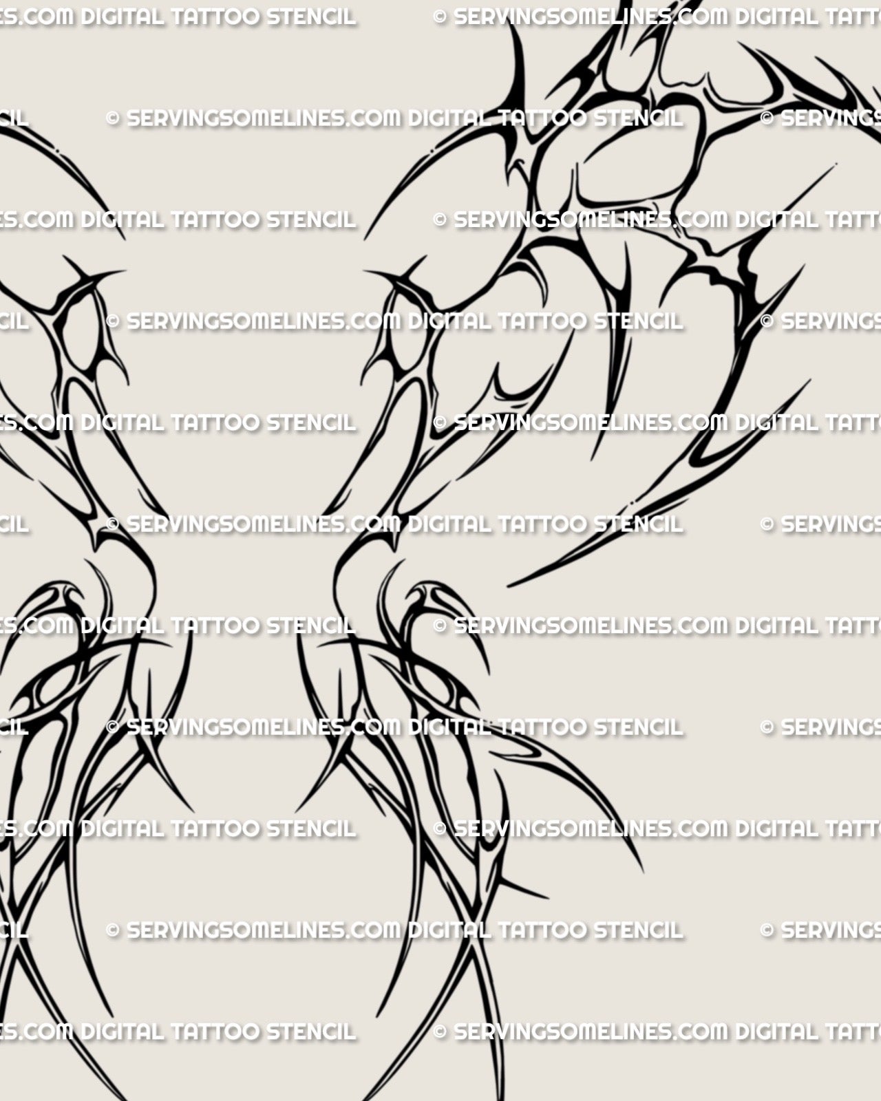 Close-up of demon wing spine tattoo linework showing sharp cyber tribal details and clean blackwork outline for stencil precision.