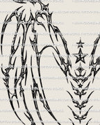 Close detail of demon wings spine tattoo showing star accents and a vertebrae-style center structure