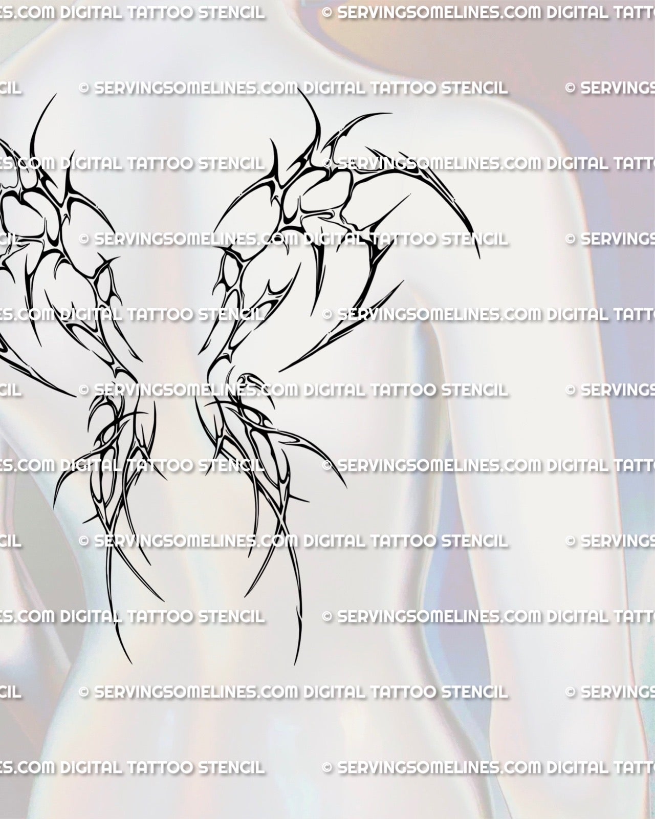 Demon wings spine tattoo stencil shown on full back placement, gothic cyber tribal blackwork with symmetrical neotribal wing design.