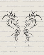 Demon wings tattoo stencil digital design preview, symmetrical neotribal cybersigilism wings layout for spine or back-center tattoo.