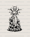 Demon girl tattoo stencil with gothic witch vibe, dark fantasy wings and skulls, detailed line art for thigh, back, or chest placements.